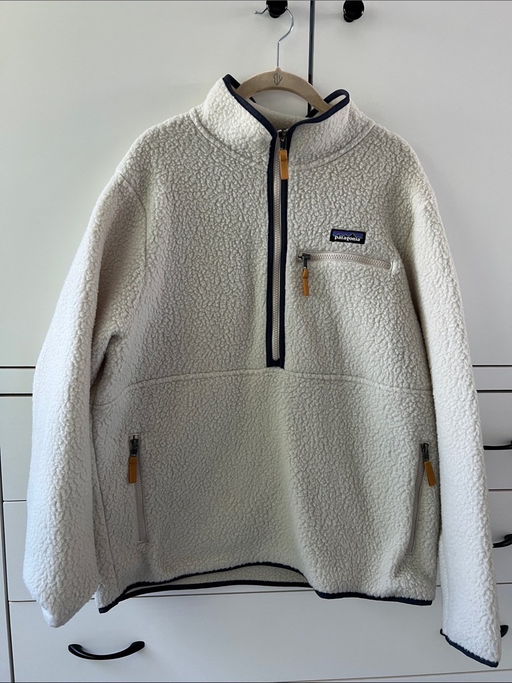 Patagonia Cream Sherpa 1/4 Zip Pullover with Navy Trim